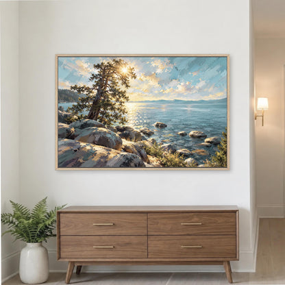 Mountain Lake Landscape, Blue Water Painting, Nature Wall Decor, Scenic Mountain Art, Lake Tahoe Print Turquoise Blue Water Pine Trees Sun Painting