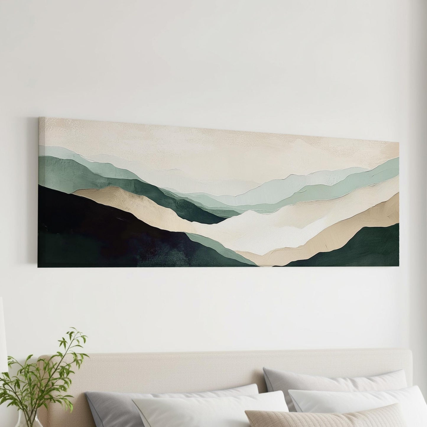 Abstract Sage Green Beige Wall Art, Minimalist Mountains, Large Horizontal Framed Canvas Texture Effect, Wabi-Sabi, Living Room Artwork
