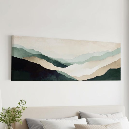 Abstract Sage Green Beige Wall Art, Minimalist Mountains, Large Horizontal Framed Canvas Texture Effect, Wabi-Sabi, Living Room Artwork
