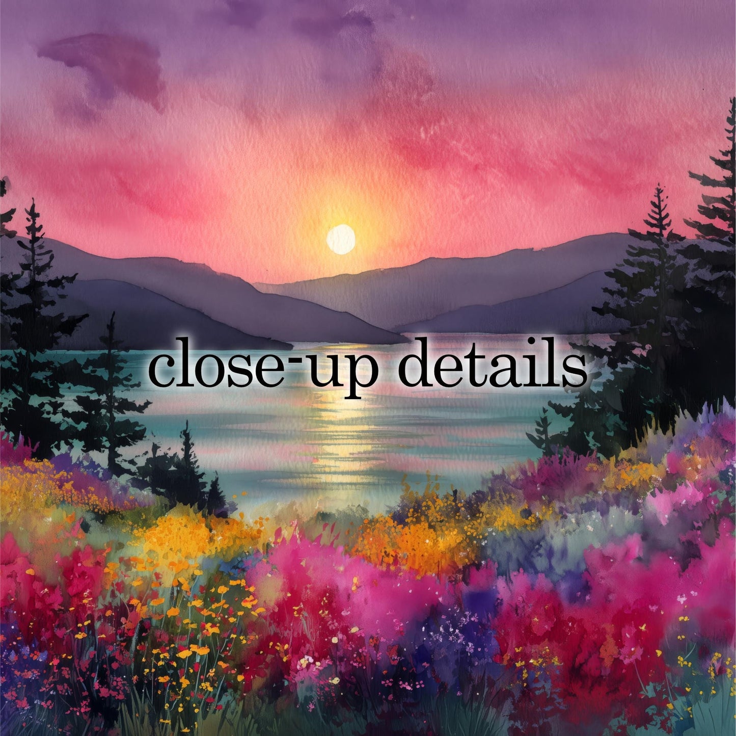 a serene landscape with a vibrant sunset over a body of water, surrounded by a colorful field of flowers and lush greenery.