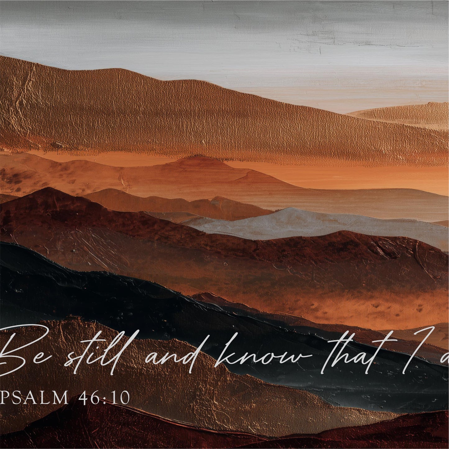 The image is a painting or collage depicting a mountainous landscape with a text overlay that reads "Be still and know that I am" from the Bible verse "Psalm 46:10".