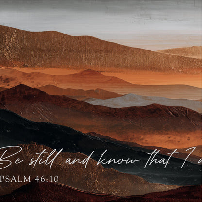 The image is a painting or collage depicting a mountainous landscape with a text overlay that reads "Be still and know that I am" from the Bible verse "Psalm 46:10".