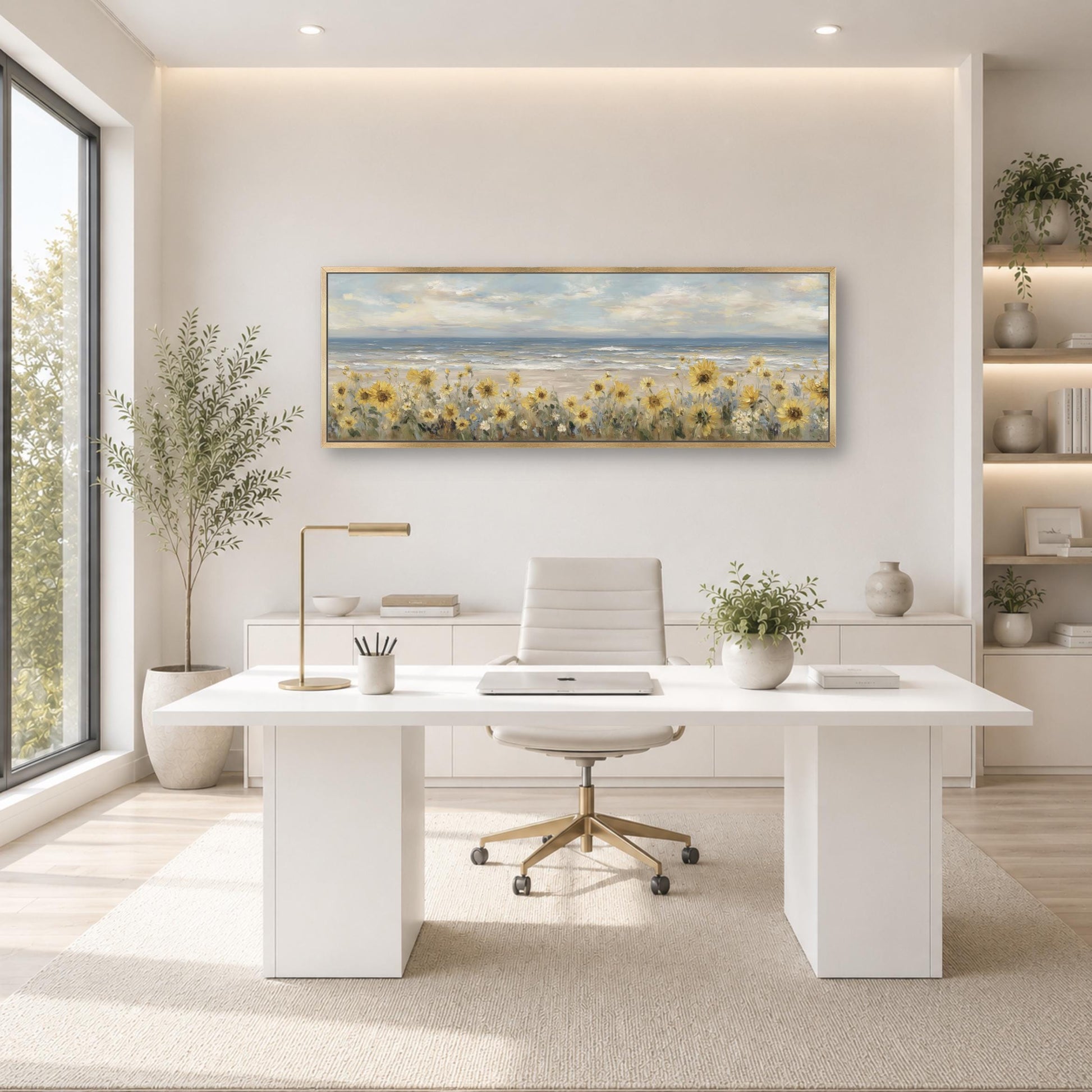 A modern and minimalist office space with a large window, a white desk, a white chair, and a framed landscape painting of a field of flowers on the wall.