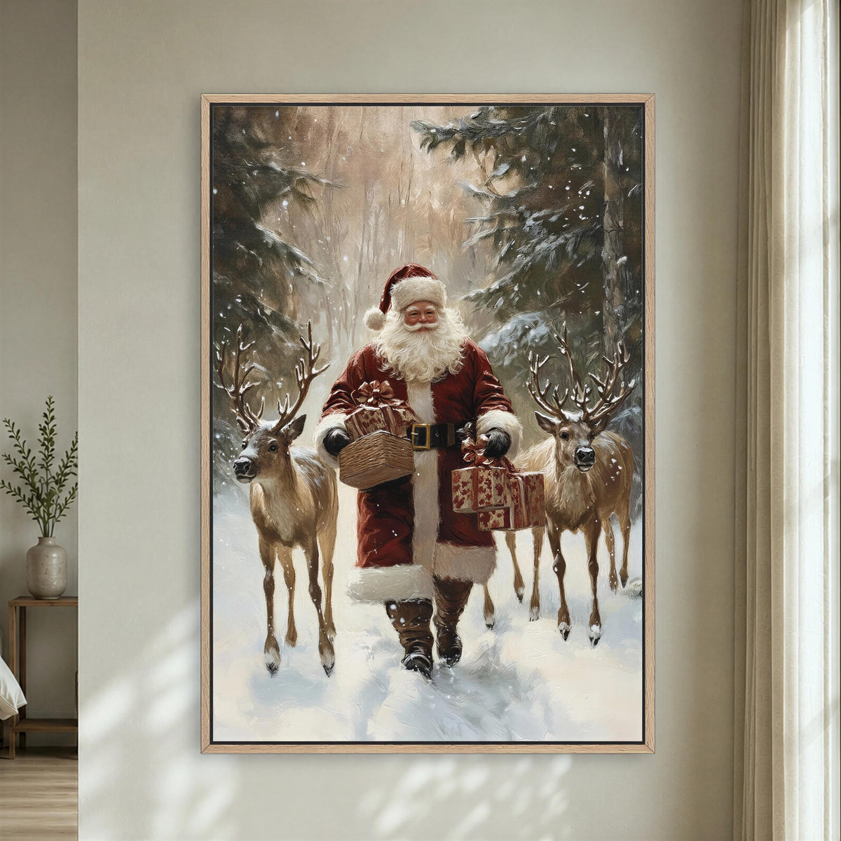 Santa and Reindeer Vintage Christmas Wall Art, Snowy Nature Art, Forest Artwork, Framed Canvas Print, Rustic Farmhouse, Holiday Decor