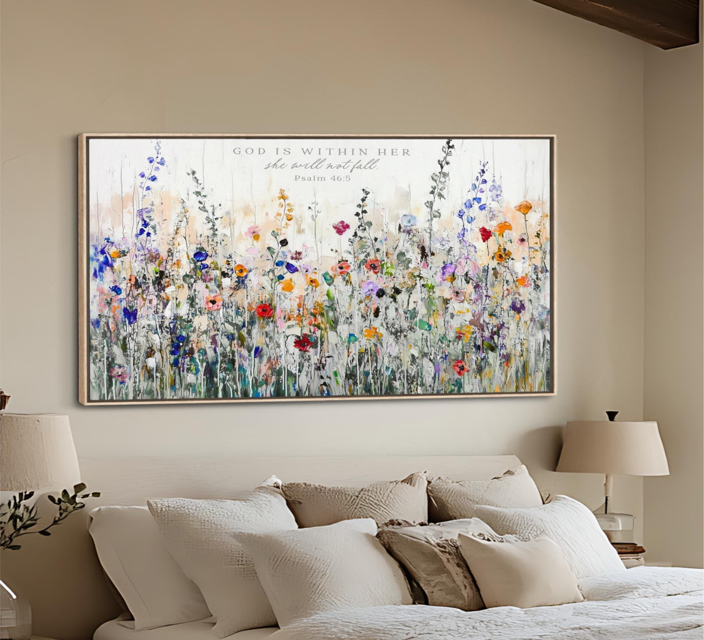 God Is Within Her She Will Not Fall Psalm 46:5 Wall Art, Christian Bible Verse Framed Canvas Print, Colorful Floral Landscape Artwork