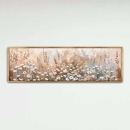 The image is a framed painting depicting a field of white flowers against a light brown background.