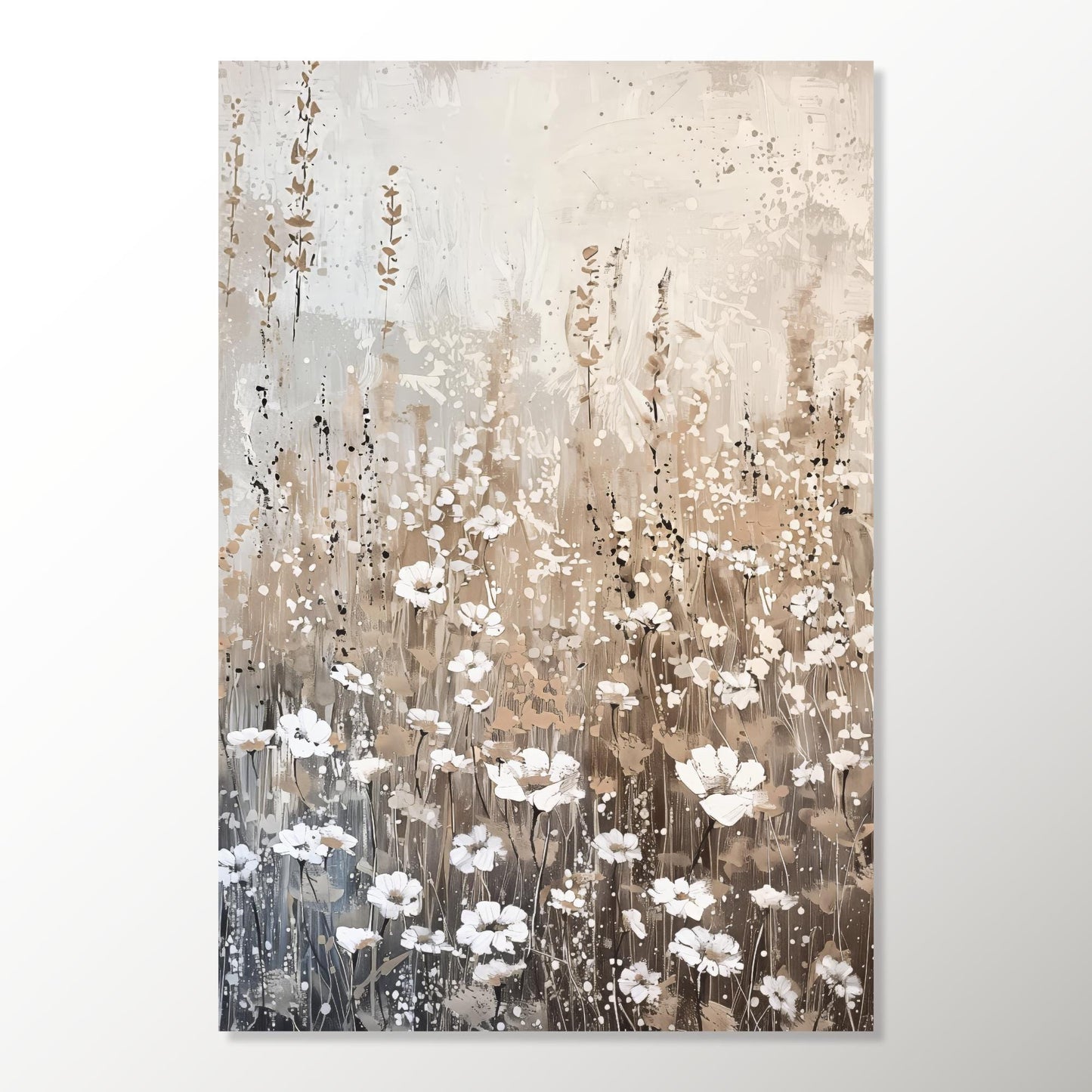 The image is a painting of a field of white flowers with brown stems and leaves, creating a serene and natural scene.