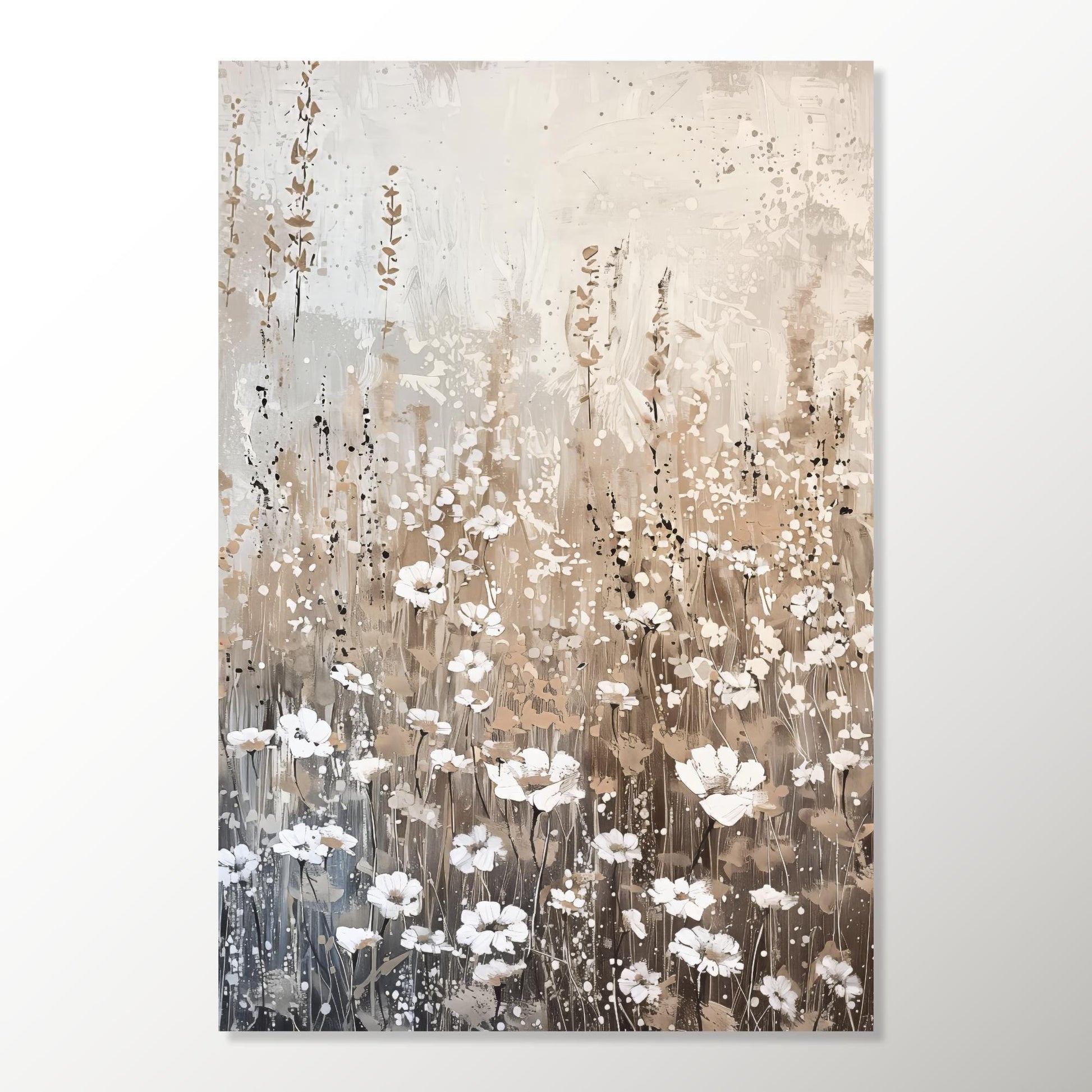 The image is a painting of a field of white flowers with brown stems and leaves, creating a serene and natural scene.