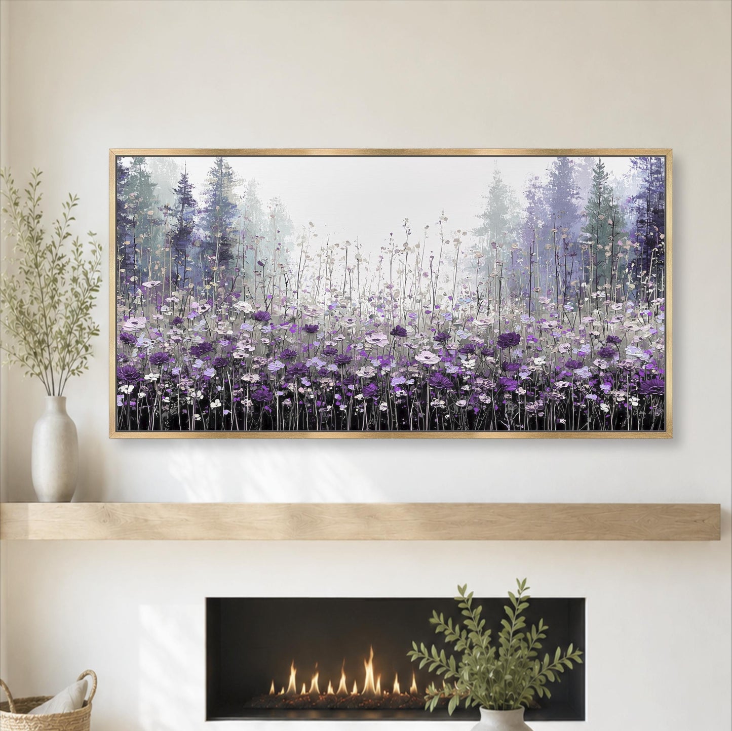 a large framed painting of a field of purple flowers, hanging above a fireplace with a shelf below it.