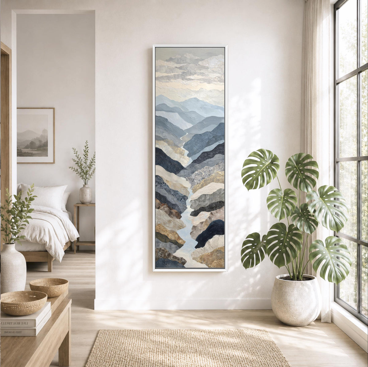 a serene and modern living room with a large painting of mountains hanging on the wall, a large window allowing natural light, and various decorative elements such as potted plants and a rug.