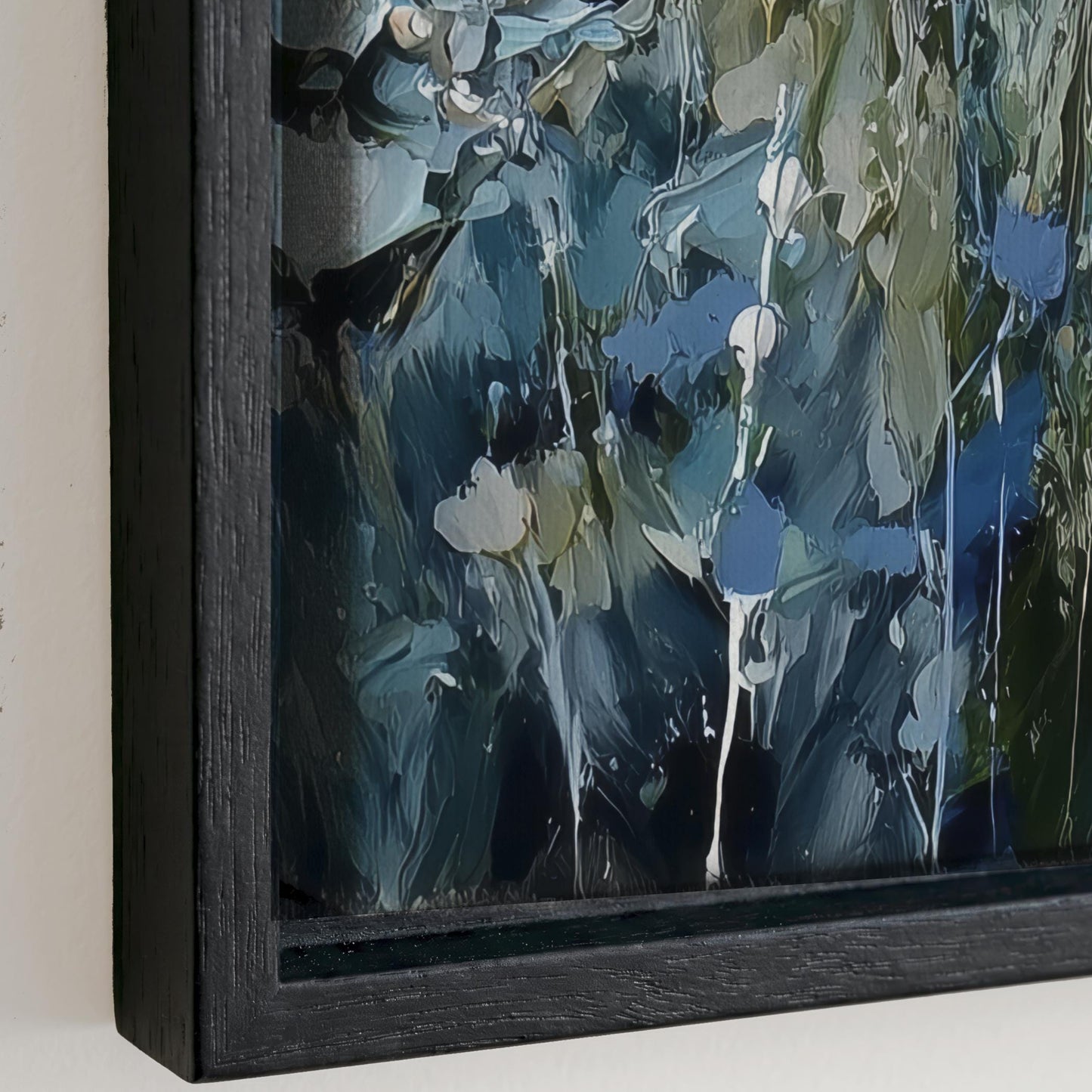 The image is a framed painting depicting a lush, green forest scene with a mix of blue, green, and white colors.