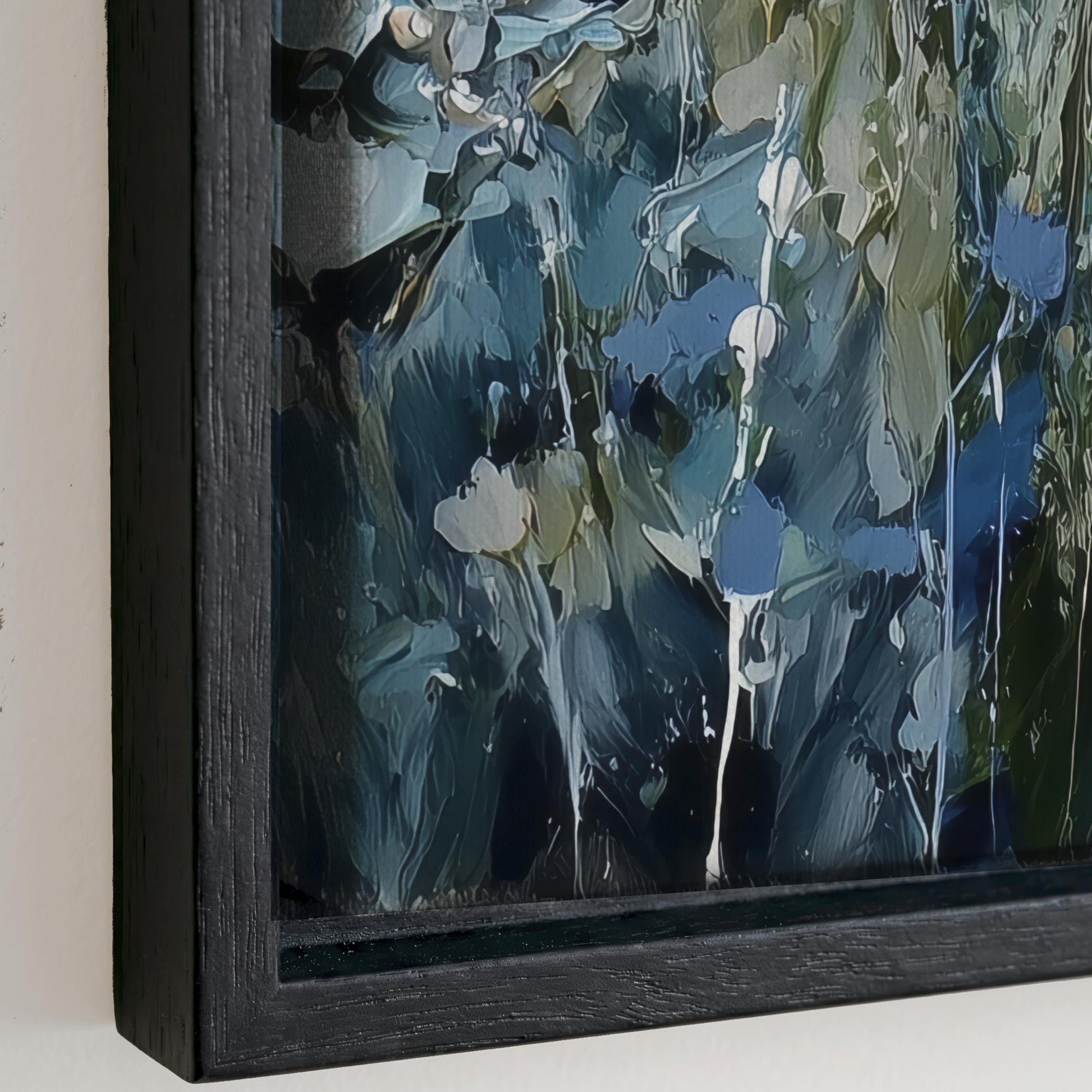 The image is a framed painting depicting a lush, green forest scene with a mix of blue, green, and white colors.