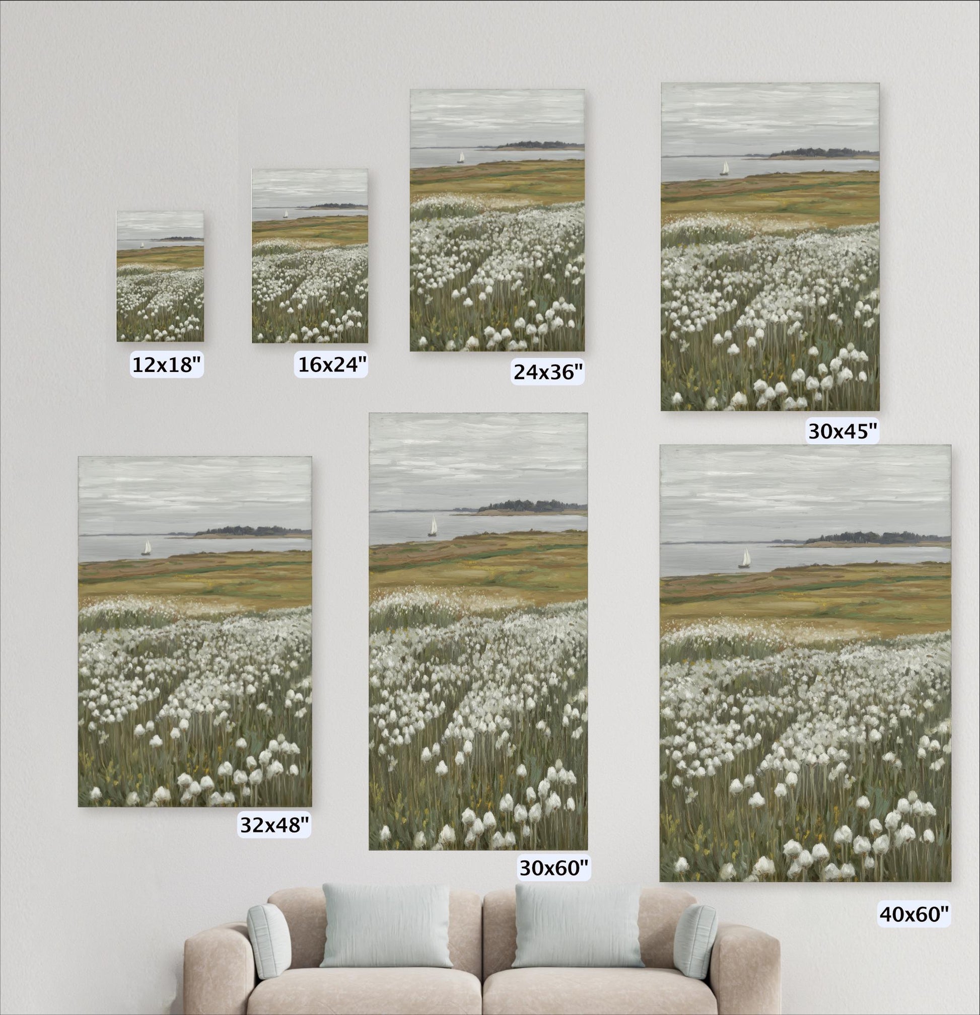 a collection of six framed landscape paintings on a wall, each depicting a field of white flowers. The paintings vary in size, ranging from 12x18" to 30x60", and are arranged in a grid-like pattern. In the foreground, there is a couch, providing a contrast to the artistic display.