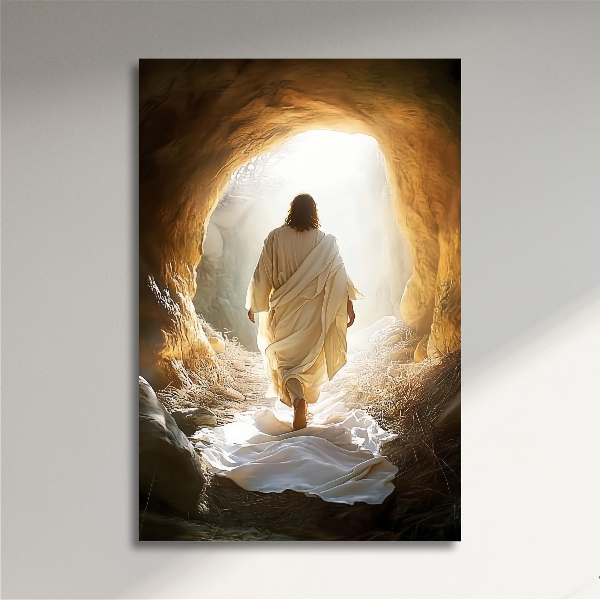 a person in a white robe walking through a cave with a bright light at the end, creating a sense of hope and guidance.
