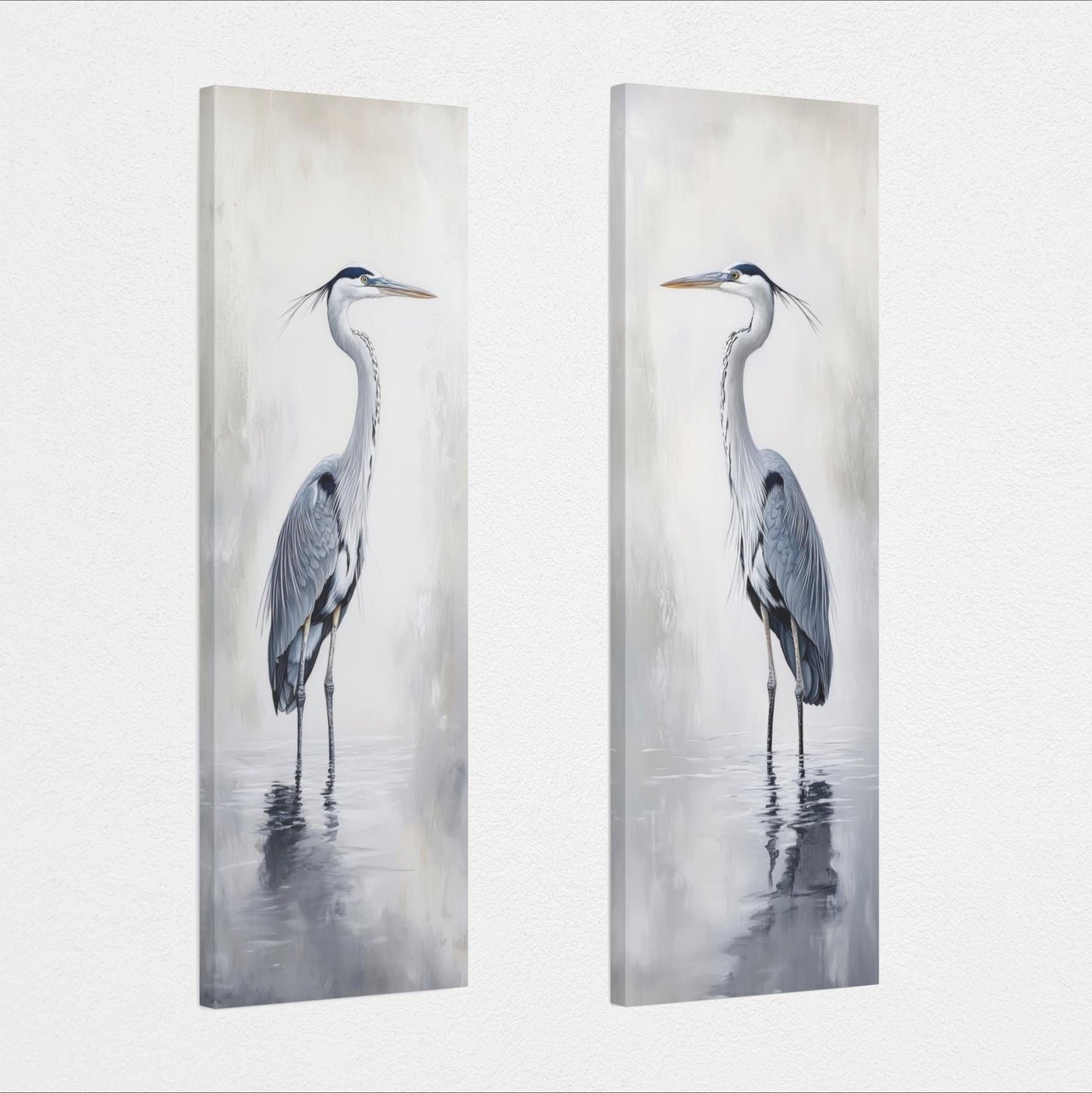 two paintings of a heron standing in water, with a neutral color palette and a minimalist style.