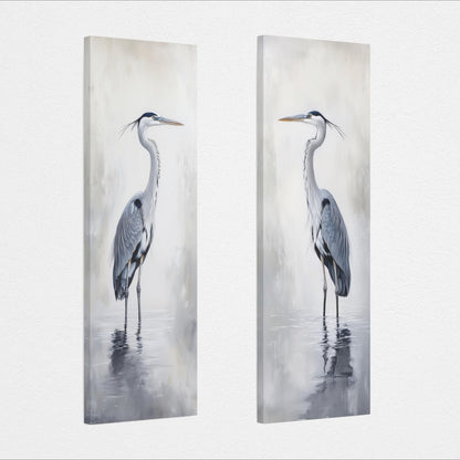 two paintings of a heron standing in water, with a neutral color palette and a minimalist style.