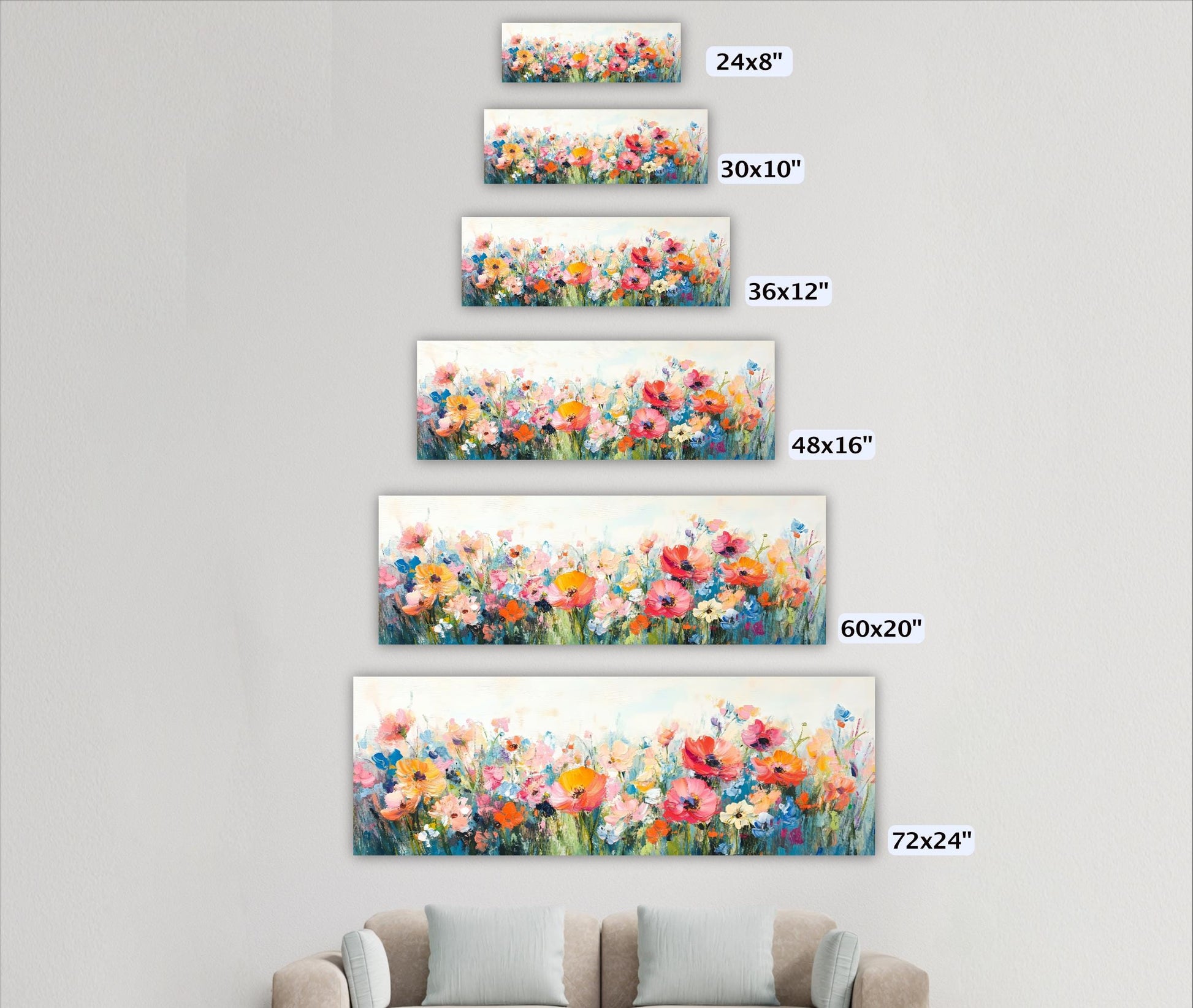 A series of five framed paintings depicting a field of colorful flowers, each with a different size and frame.