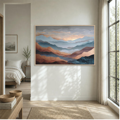 a large, framed painting of mountains hanging on a wall in a bedroom.