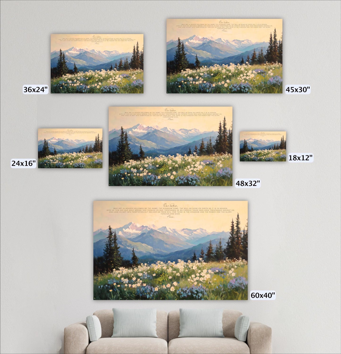 a collection of five landscape paintings of mountains and meadows, each with a different size and frame. The paintings are arranged on a wall, and there is a couch in the foreground.