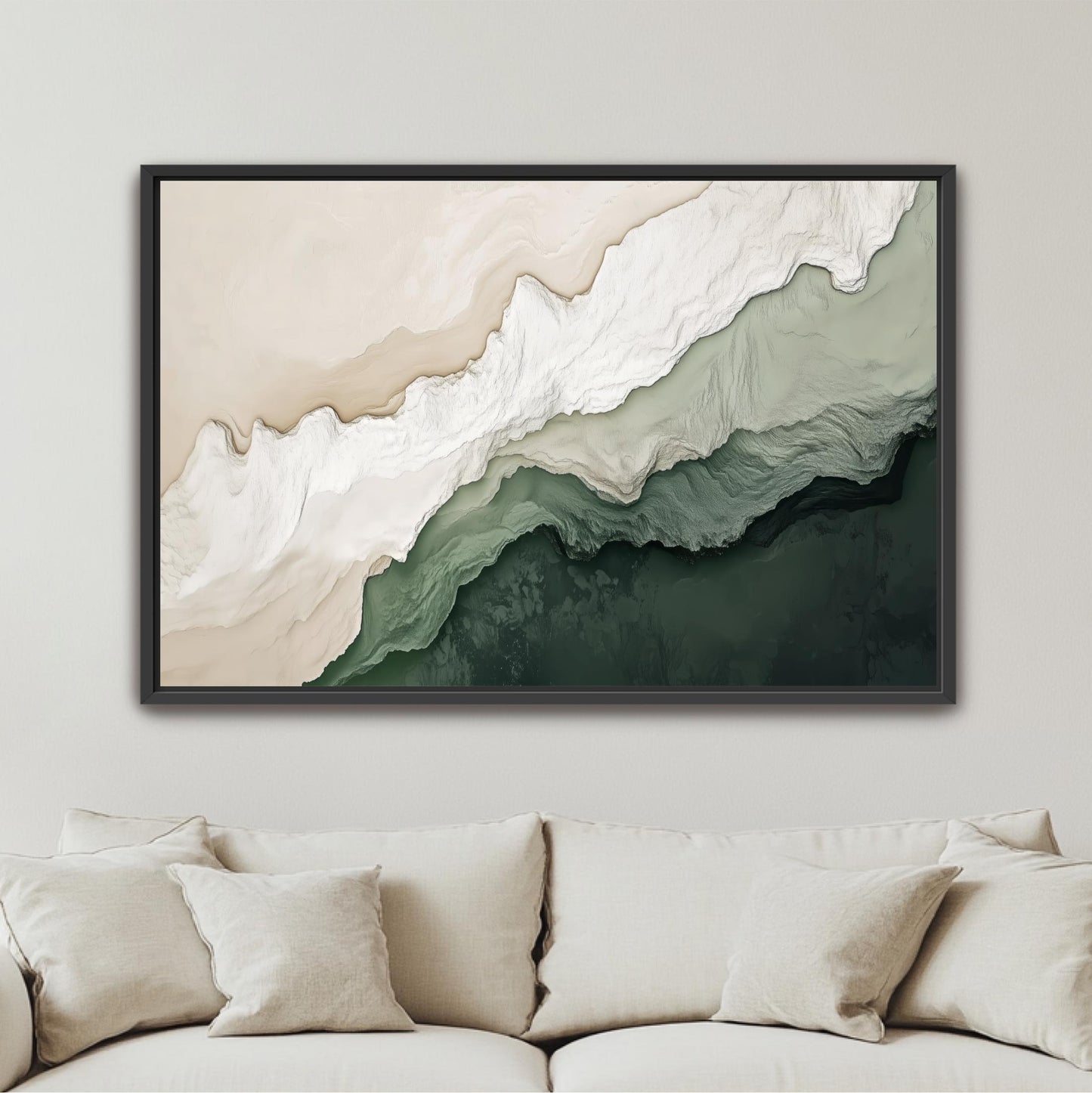 a large abstract painting hanging on a wall above a beige couch.