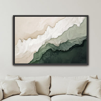 a large abstract painting hanging on a wall above a beige couch.