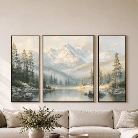 a cozy living room with a large, three-panel landscape painting hanging on the wall above a beige sofa. The painting depicts a serene mountain landscape with a lake and pine trees, creating a peaceful and inviting atmosphere.