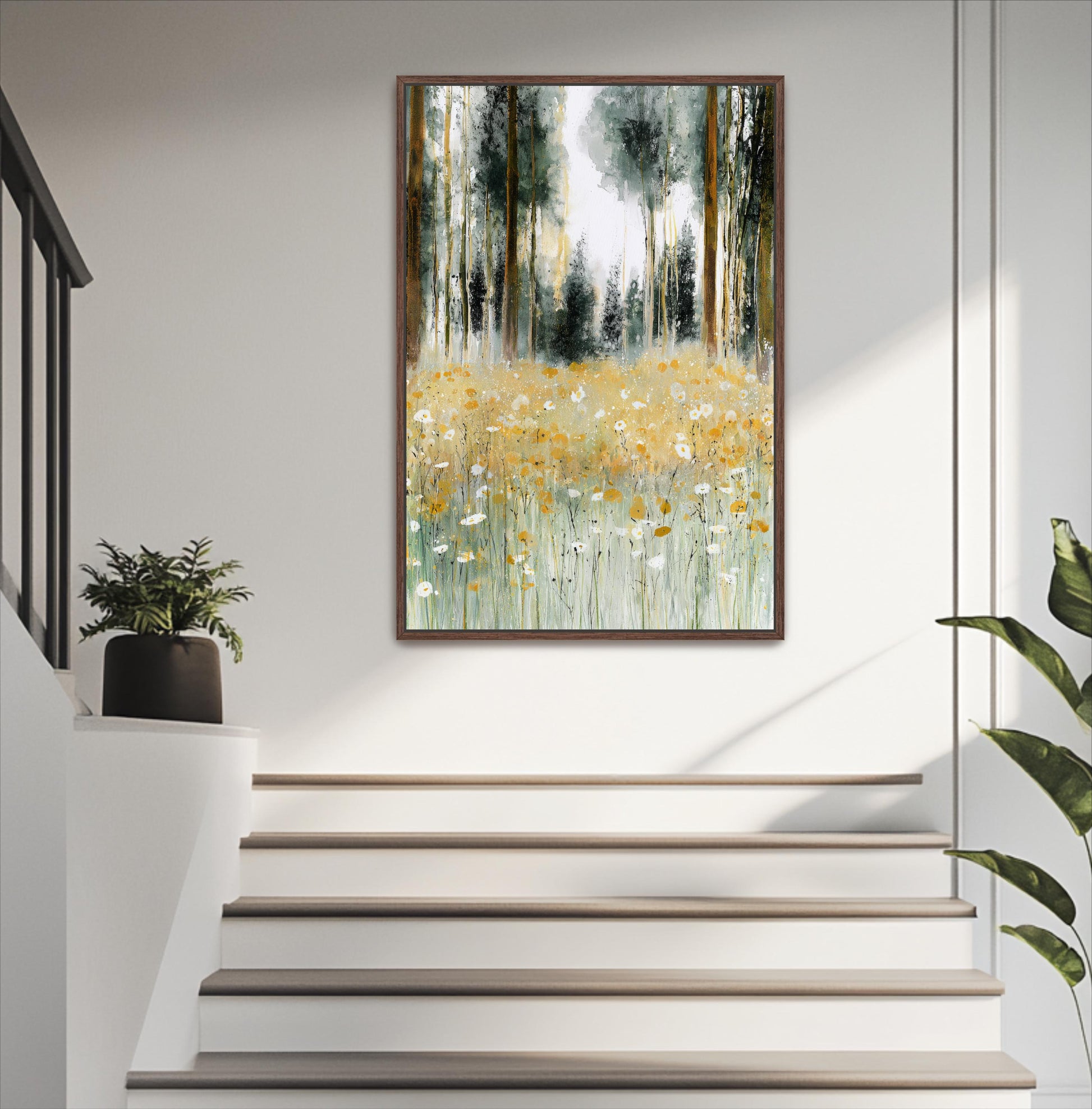 a painting of a field of flowers hanging on a wall, with a staircase below it.