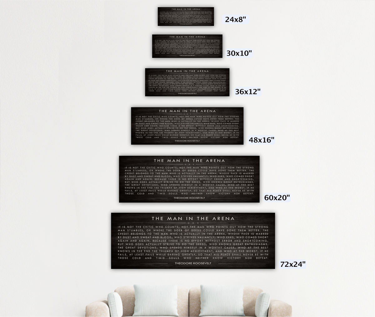 a series of black and white text block illustrations arranged in a descending size order, with the largest one being 60x20 inches and the smallest one being 24x8 inches. The illustrations appear to be a collection of text blocks, possibly from a book or a website, with the text being in black and white.