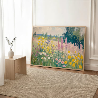 a large painting of a colorful garden with various flowers and plants, displayed on a wall in a room with a wooden table and a vase of flowers.