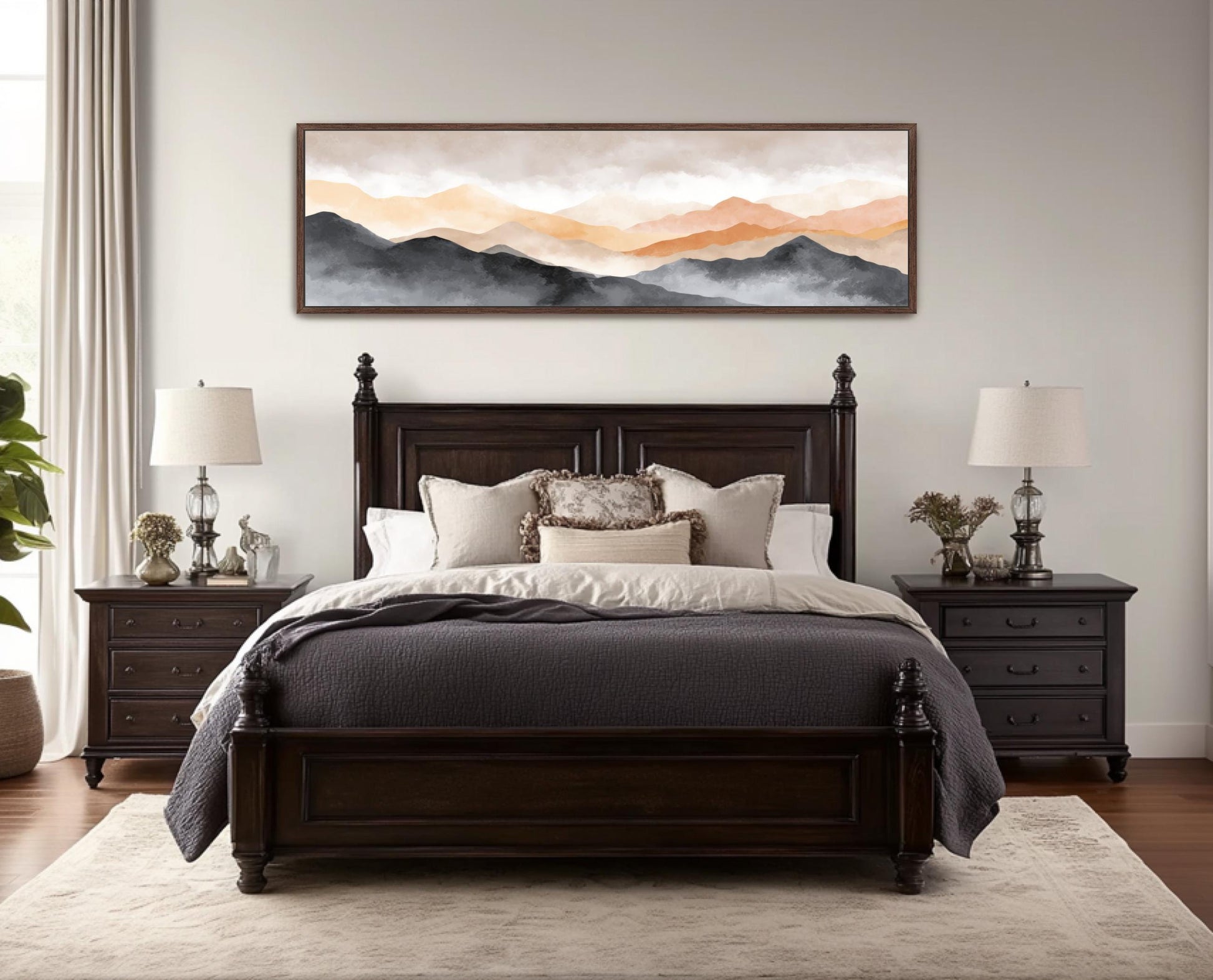 a serene bedroom scene with a large bed, dark wood furniture, and a framed landscape painting hanging above it.
