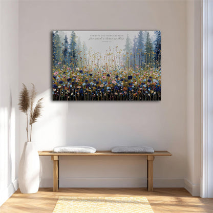 a large, colorful painting of a field of flowers hanging on a wall above a wooden bench.
