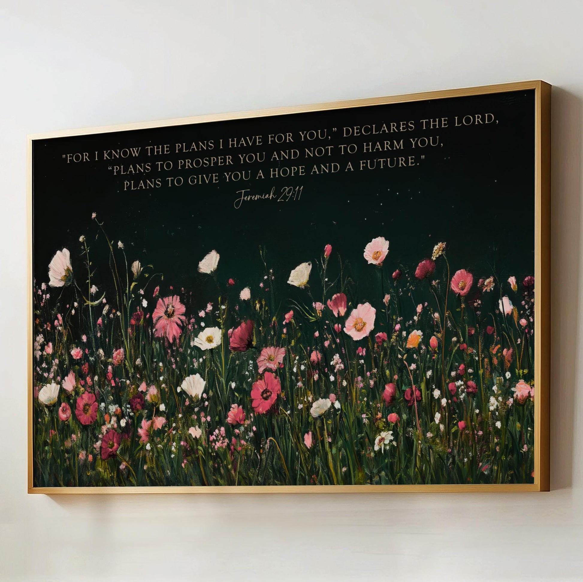 a painting of a field of flowers with a bible verse