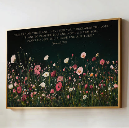 a painting of a field of flowers with a bible verse