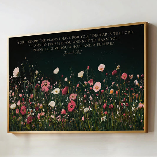 a painting of a field of flowers with a bible verse