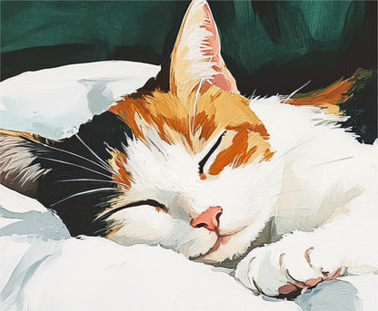 a painting of a cat sleeping on a bed
