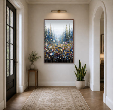 a hallway with a large painting of a field of flowers hanging on the wall. The painting is framed and appears to be the focal point of the room. The hallway has a wooden floor and white walls, creating a clean and elegant atmosphere. There are also some decorative elements in the room, such as a potted plant and a vase.