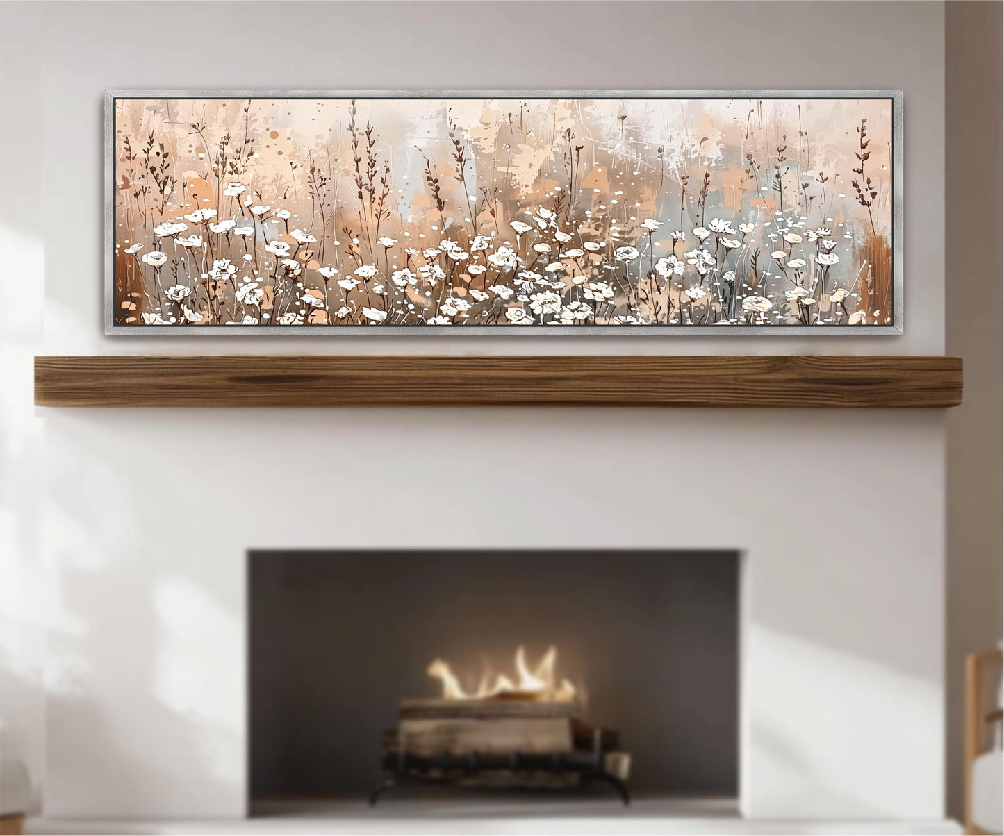 a fireplace with a wooden mantel and a painting of flowers above it.