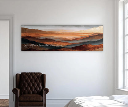 a large landscape painting hanging on a white wall, depicting a mountainous terrain with a warm, golden hue. In the foreground, there is a brown leather armchair, and a white bed can be seen in the background.