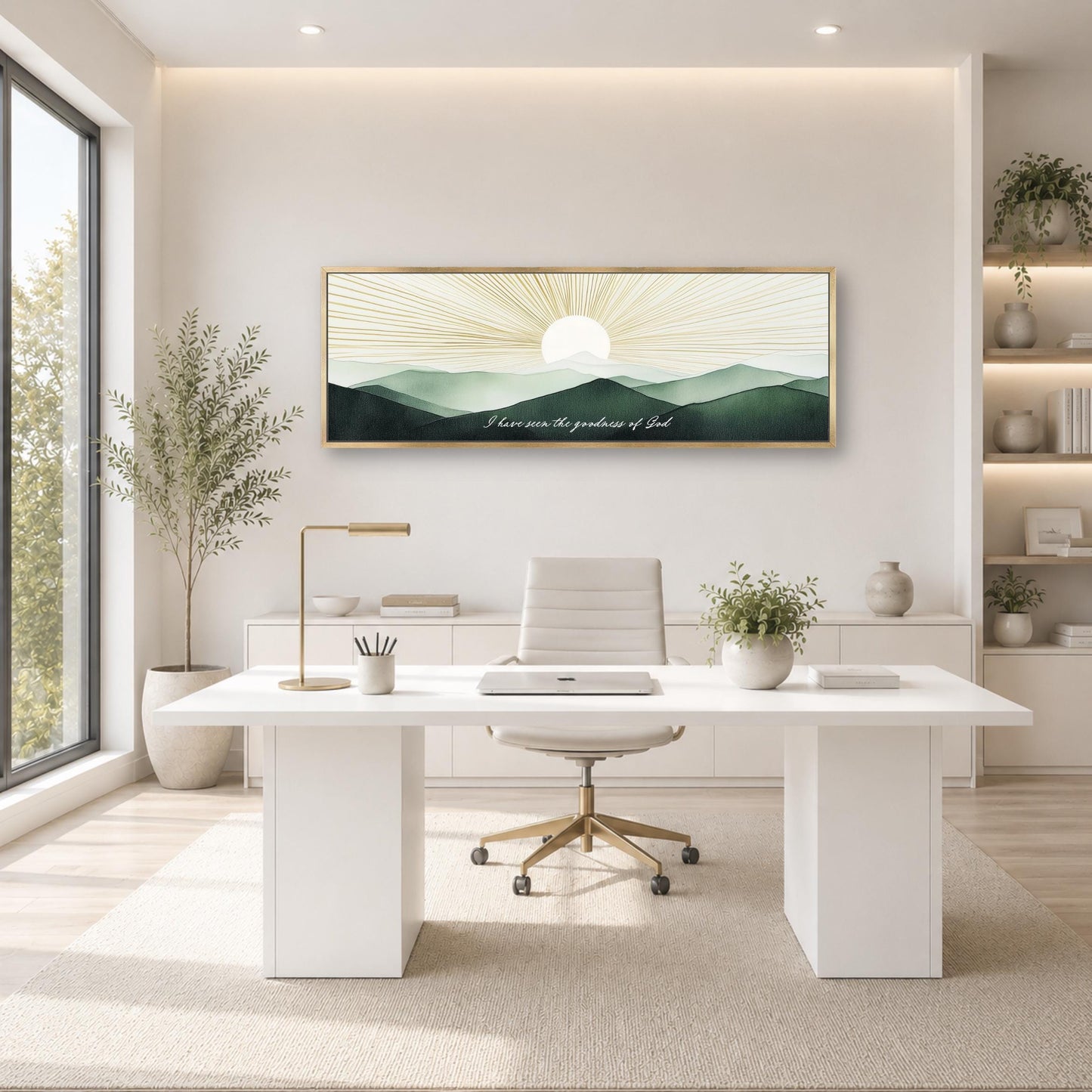 A modern, minimalist office space with a large window, a white desk, a white chair, and a framed landscape painting on the wall.