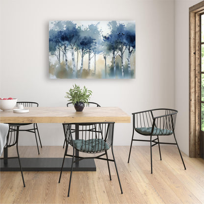 a dining room with a wooden table and black metal chairs. Above the table, there is a large painting of trees with blue and white colors. The painting is hanging on the wall, creating a focal point in the room.