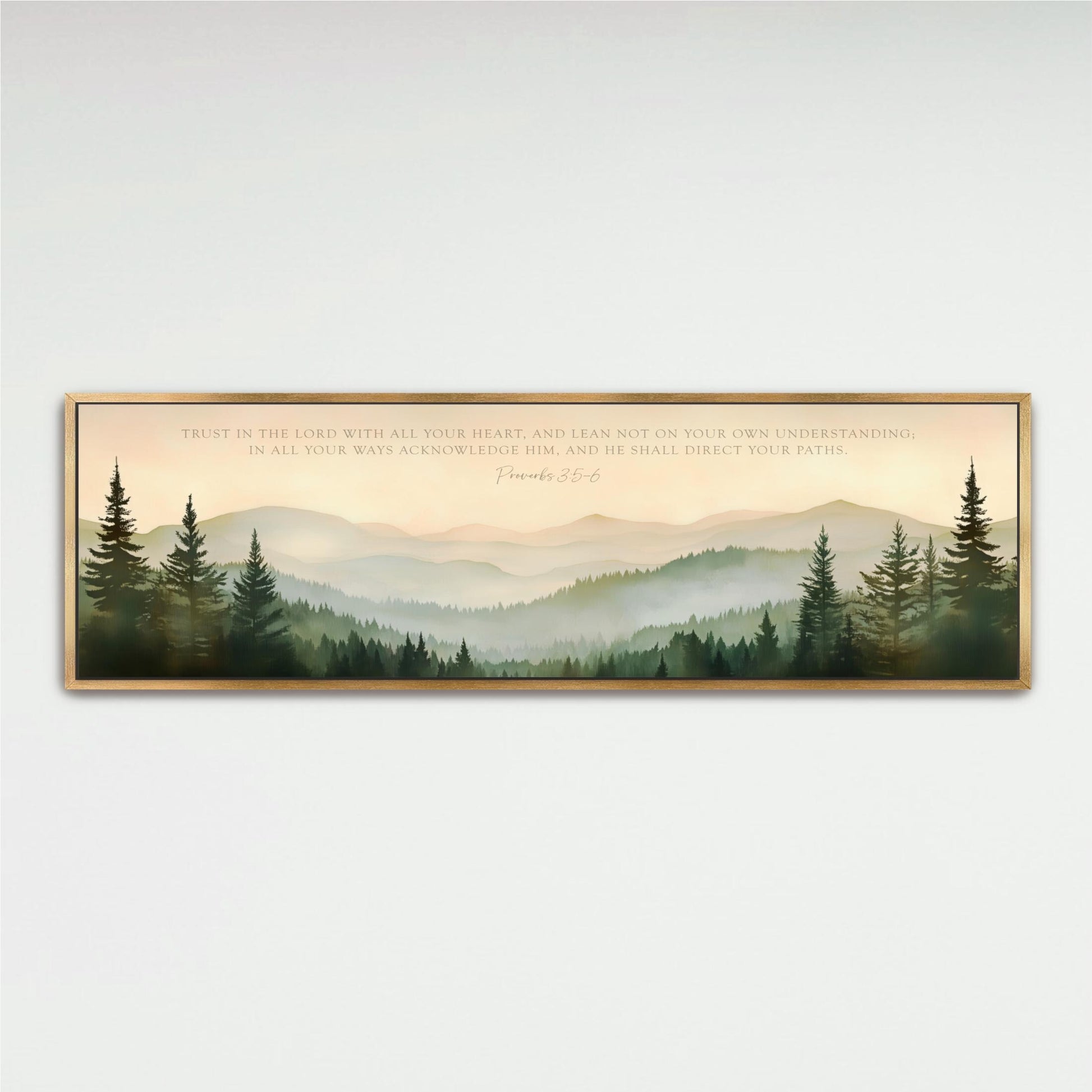 The image is a framed print featuring a serene mountain landscape with pine trees and a hazy, golden-hued background.
