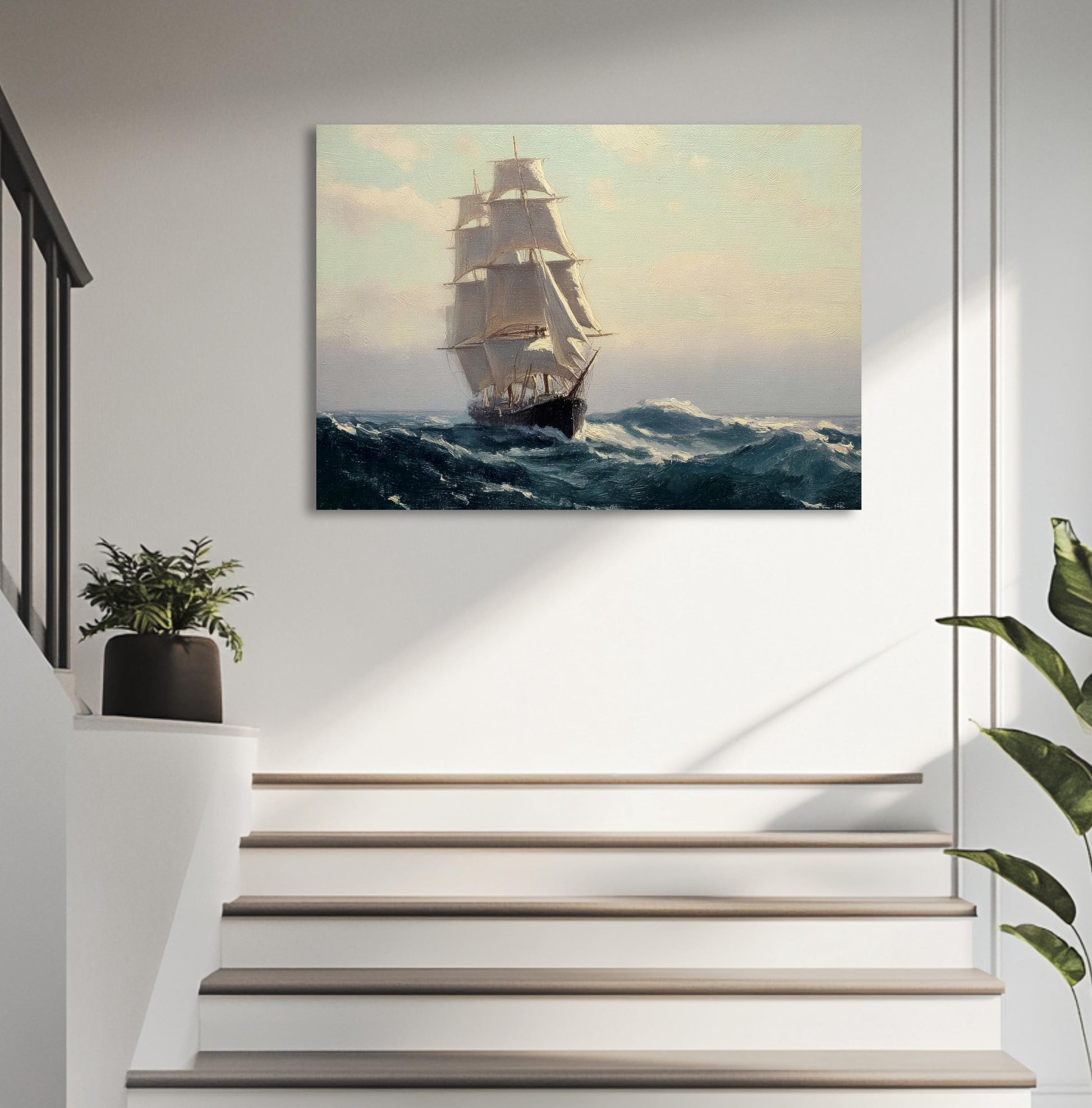 a large sailing ship with multiple masts, sailing on rough seas and moving towards the right side of the frame.