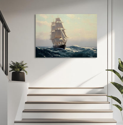 a large sailing ship with multiple masts, sailing on rough seas and moving towards the right side of the frame.