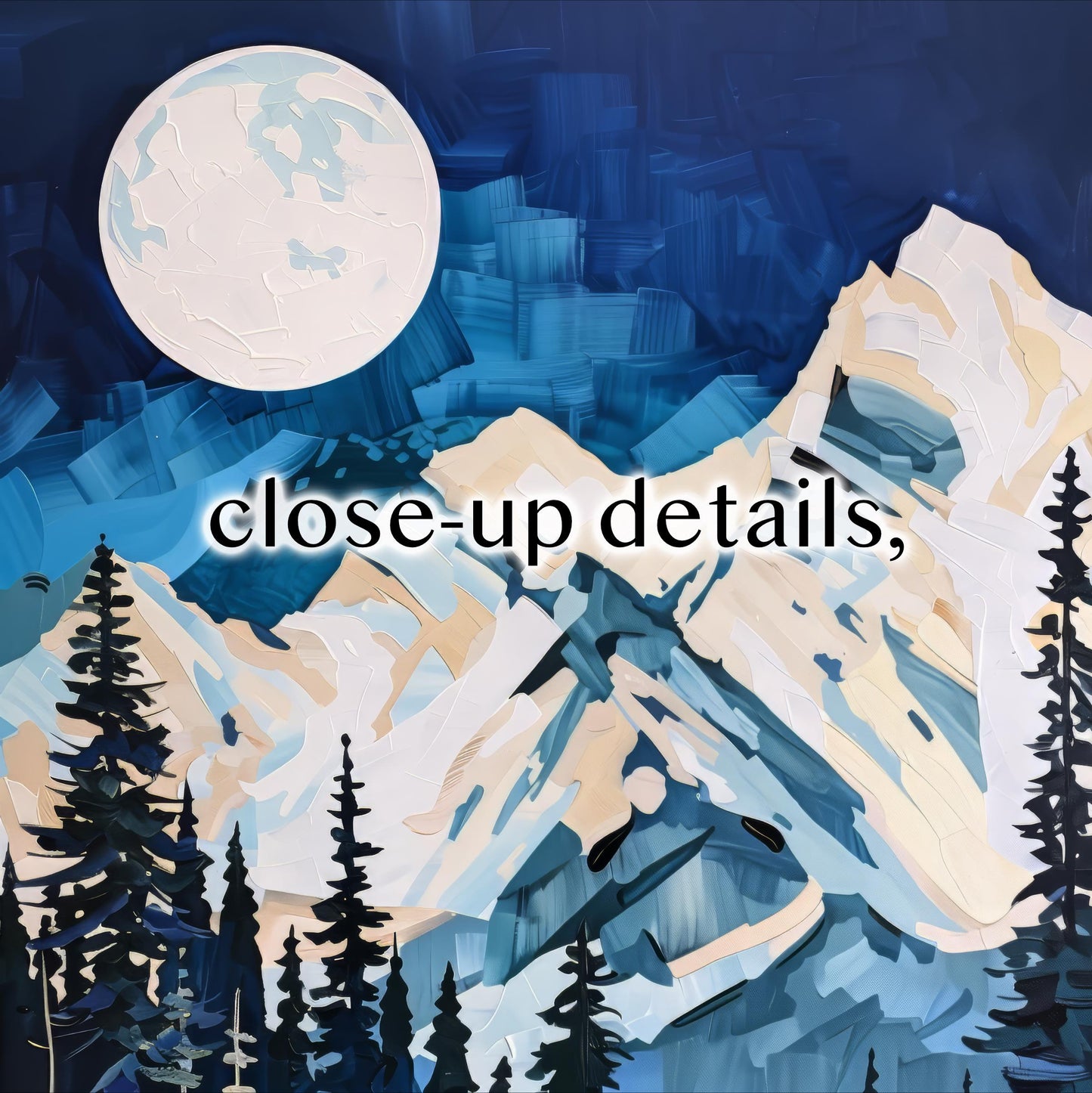 a night scene with a large moon, mountains, pine trees, and a forest.