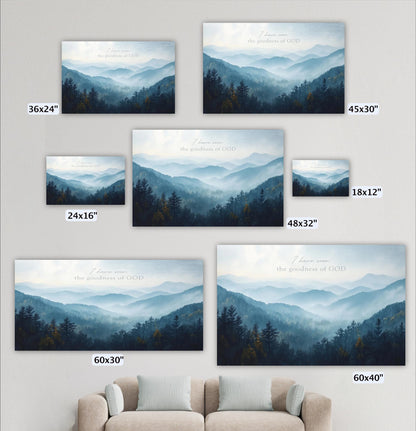 a collection of six landscape photographs depicting mountains and forests, each with a different size and resolution. The photographs are arranged in a grid format, with the largest one being 60x30" and the smallest one being 48x32" on a wall.