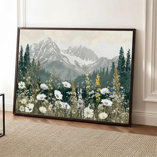 Mountain Wildflower Landscape Wall Art, Vintage Nature Decor, Forest Green Neutral Rustic Cabin Style, Framed Canvas Print