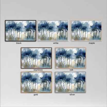 six framed watercolor paintings of trees, each with a different color scheme. The paintings are arranged in a grid format, with three paintings in each row and two paintings in each column. The color schemes of the paintings are black, white, and maple.