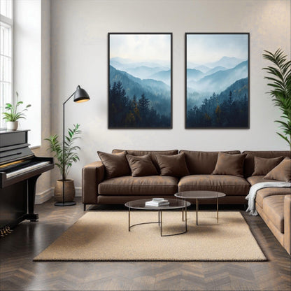a modern living room with a large brown sofa, a glass coffee table, and two framed landscape paintings on the wall. The room is decorated with potted plants and a piano, creating a cozy and inviting atmosphere.