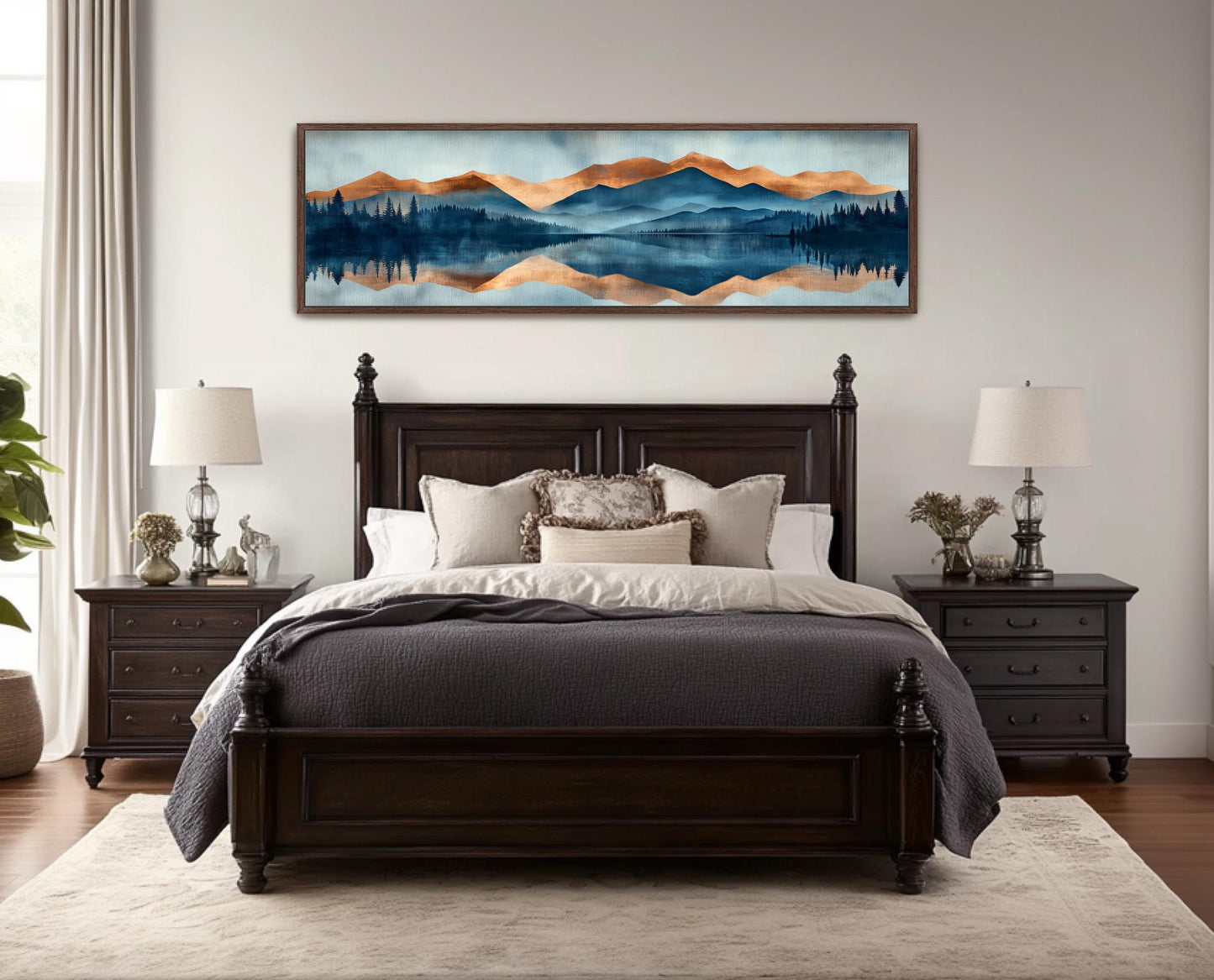 a bedroom with a large bed, wooden furniture, and a framed landscape painting hanging above it.