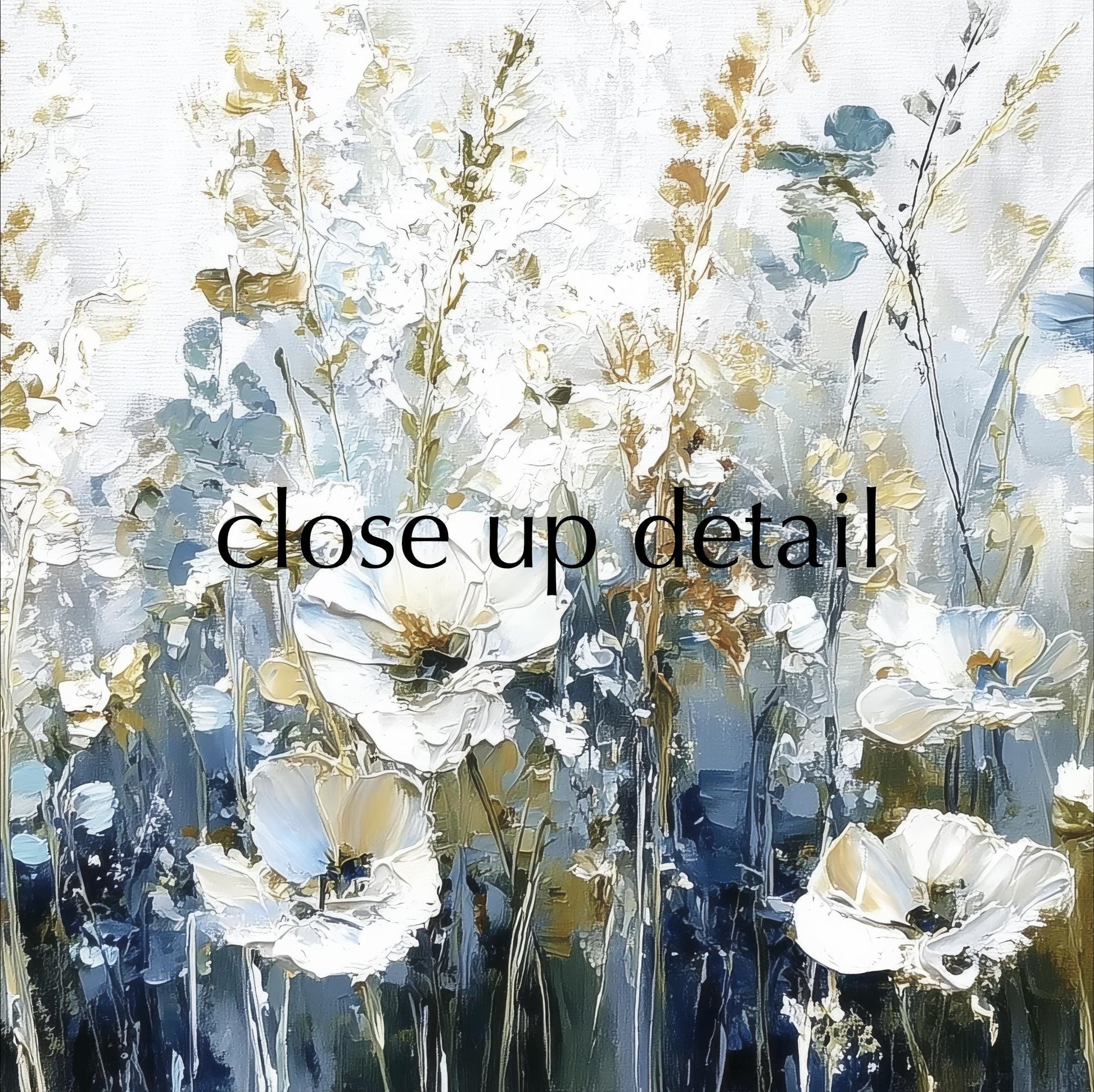 The image is a close-up of a painting featuring white flowers with green stems against a background of blue and white brushstrokes.